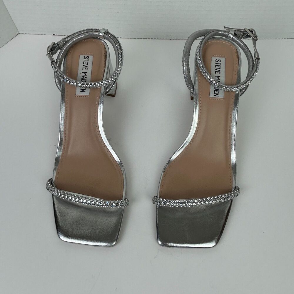 Steve Madden Hurrah Dress Sandals Silver Strappy Heels Crystal Embellishment 8 - Picture 5 of 12
